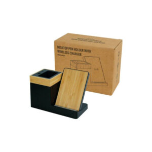 Bamboo Pen Holder with 15W Wireless Charger & LED Logo - <strong>desk</strong>