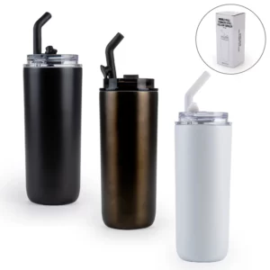 Double Wall SS Tumblers with Transparent Lid & Metal Straw