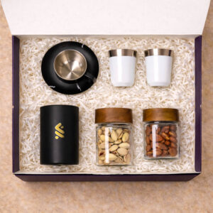 Noor Al Majlis Ramadan finjan gift box with Arabic glasses dry fruits and candle UAE