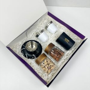 Noor Al Majlis Ramadan finjan gift box with Arabic glasses dry fruits and candle UAE